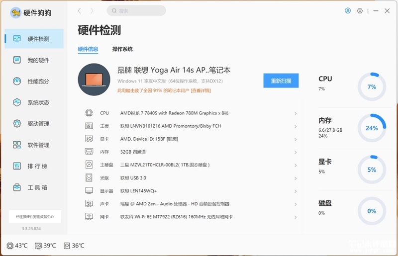 联想YOGA Air 14s 2023锐龙版笔记本（R7-7840S）评测，笔记本评测网（bjbpc.com）