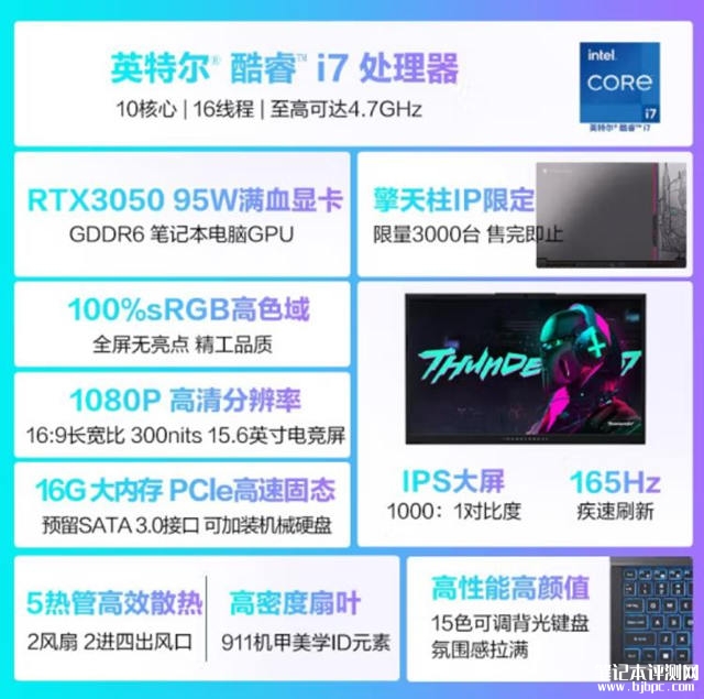 雷神911MT黑武士游戏本限时特惠 酷睿i7-12650H+RTX 3050仅需5399元，笔记本评测网（bjbpc.com）