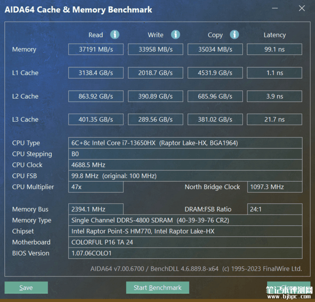 七彩虹隐星P16 TA 24笔记本(i7 13650HX+RTX4070）评测，笔记本评测网（bjbpc.com）
