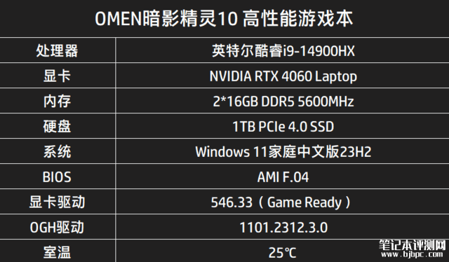 惠普OMEN暗影精灵10笔记本（i9 14900HX+RTX4060）评测，笔记本评测网（bjbpc.com）