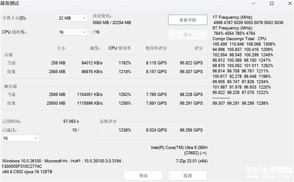 英特尔酷睿Ultra9 285H性能实测，笔记本评测网（bjbpc.com）