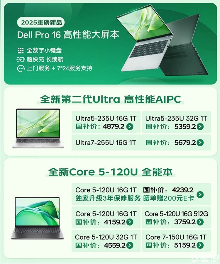 戴尔Dell Pro 16 2025款笔记本上市 搭载Intel 3工艺酷睿Ultra5 235U处理器售价3759.2起，笔记本评测网（bjbpc.com）