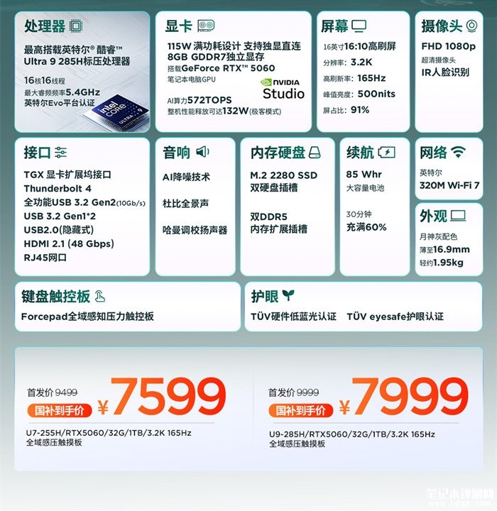 联想ThinkBook 16+ 2025酷睿Ultra版上架 Ultra7-255H/Ultra9 285H+RTX 5060国补价格7599.2元，笔记本评测网（bjbpc.com）