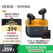 iQOO TWS 5耳机上架销售 660dB深度降噪+93%风噪消除+42ms低延迟+Monster Sound声效国补优惠价格359.1元