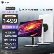 KTC M27U6显示器上架销售 27英寸MiniLED显示器+4K 72Hz与1K 144Hz双模+1152背光分区价格1499元