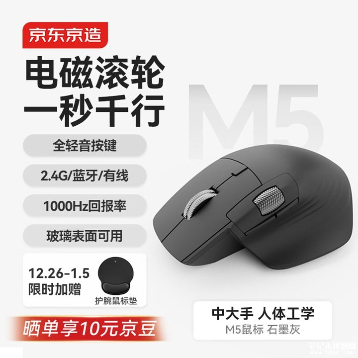 京东京造JZ M5电磁滚轮三模鼠标上架销售 全静音按键与1KHz回报率价格为244元,笔记本评测网(bjbpc.com)