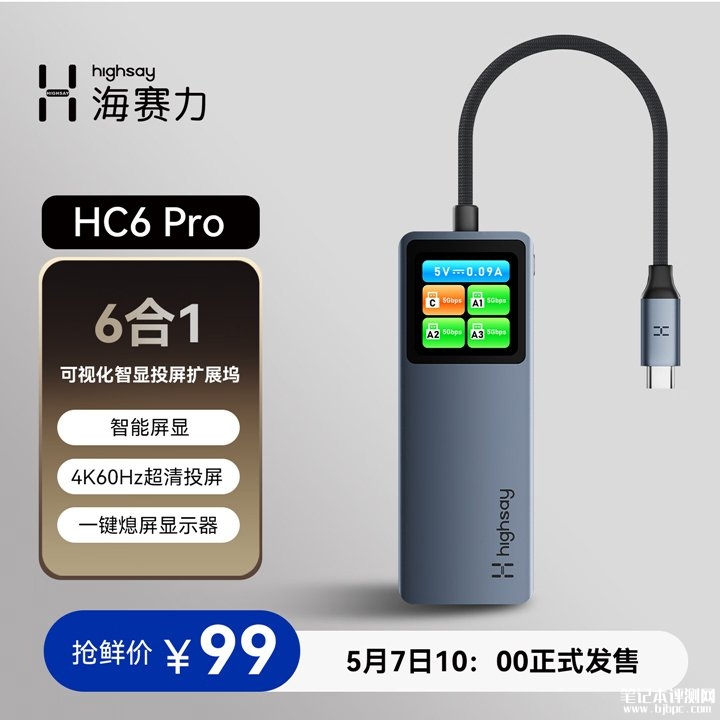 海赛力HC6 Pro六合一USB-C集线器上架销售 彩屏可视化+4K 60Hz投屏黑科技价格99元,笔记本评测网(bjbpc.com)