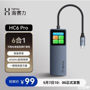 海赛力HC6 Pro六合一USB-C集线器上架销售 彩屏可视化+4K 60Hz投屏黑科技价格99元