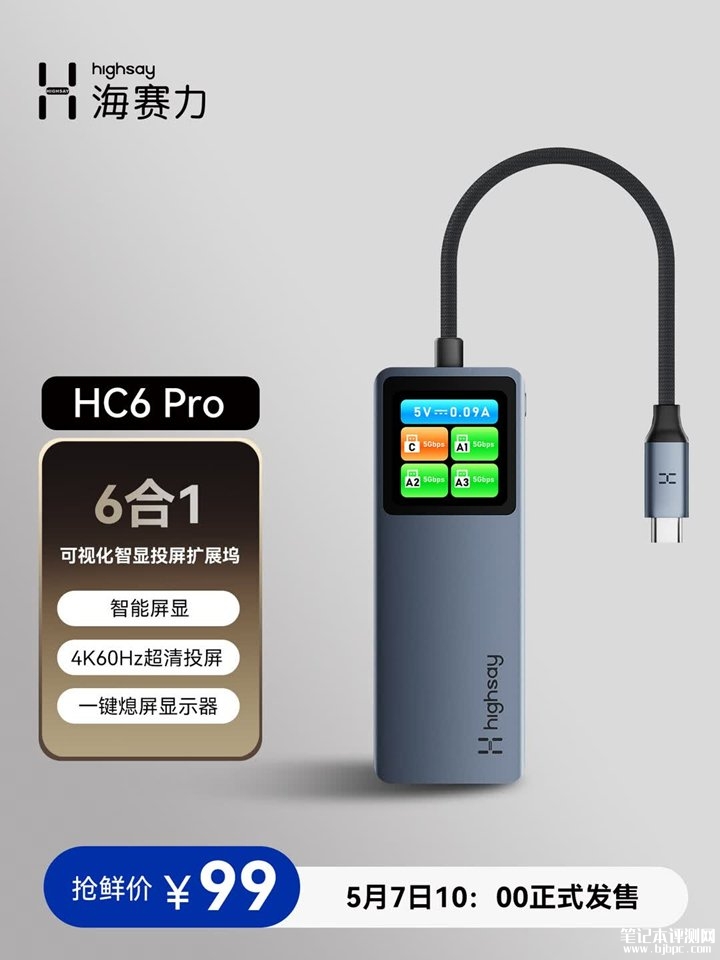 海赛力HC6 Pro带屏扩展坞集线器上架销售 体验彩屏面板与4K投屏全能方案价格99元,笔记本评测网(bjbpc.com)