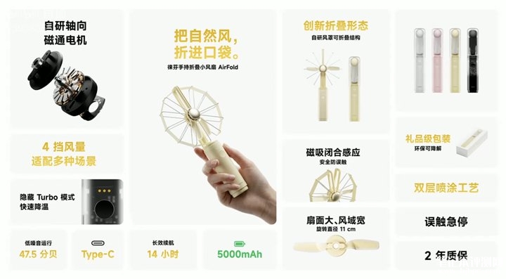 徕芬AirFold折叠风扇发布 定制轴向磁通电机+14小时续航+自然风体感价格399元起,笔记本评测网(bjbpc.com)