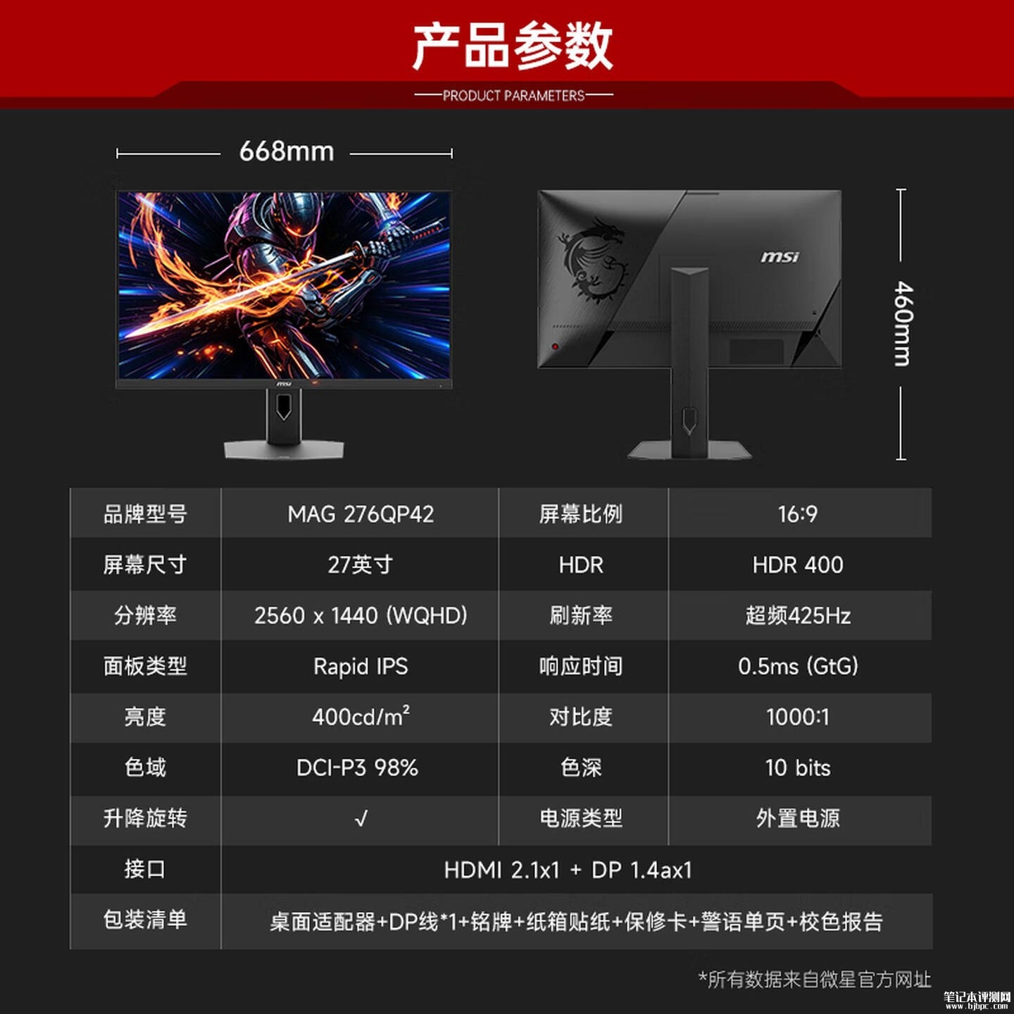 微星MAG 276QP42显示器上架销售 27英寸+2K 425Hz价格2199元，笔记本评测网（bjbpc.com）