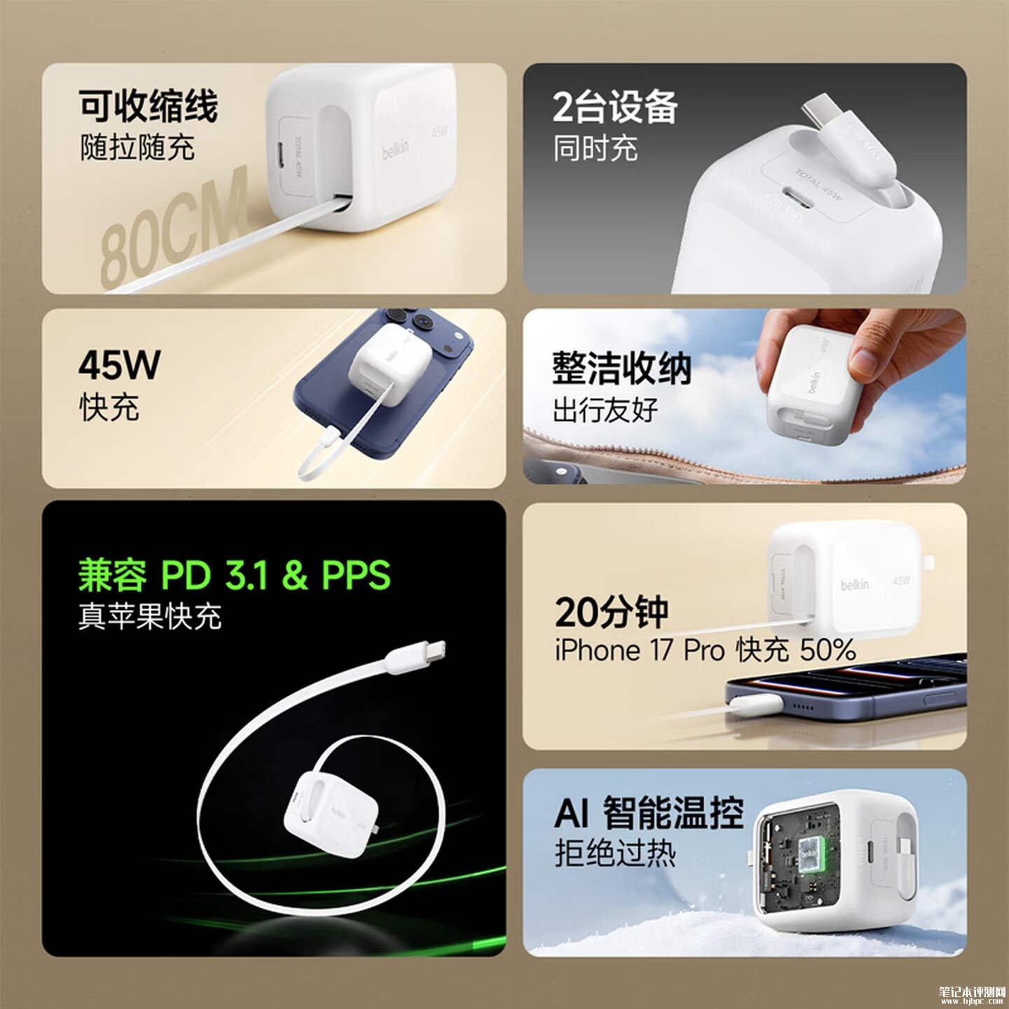 贝尔金45W自带线充电头上架销售:双C口25+20W输出首发优惠价格179元,笔记本评测网(bjbpc.com)