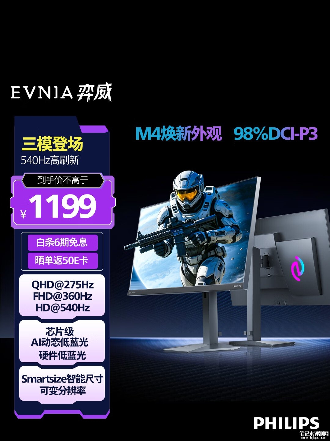 飞利浦27M4N5500PT显示器上架销售:27英寸+2K 275Hz/FHD 360Hz/HD 540Hz三模价格1199元,笔记本评测网(bjbpc.com)