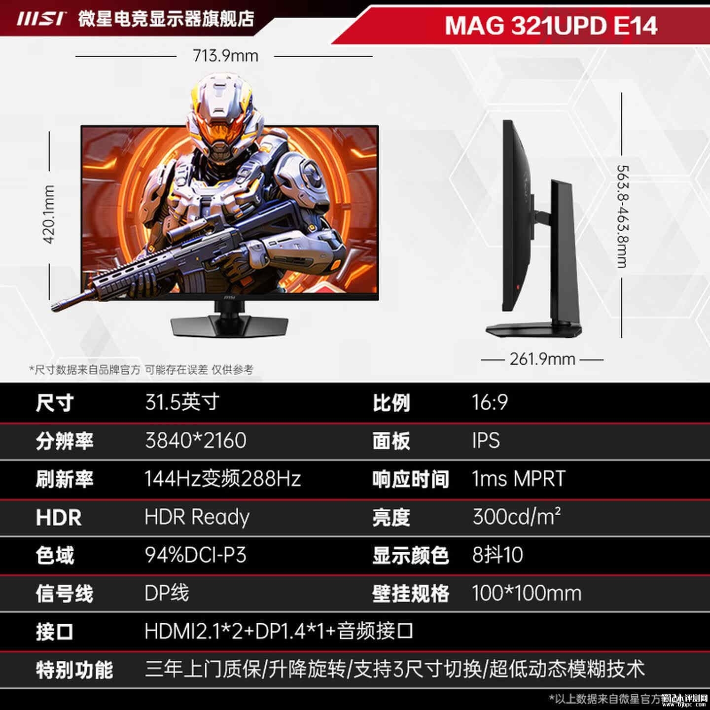 微星MAG 321UPD E14显示器上架销售:31.5英寸+4K 144Hz/1080P 288Hz双模价格1999元,笔记本评测网(bjbpc.com)