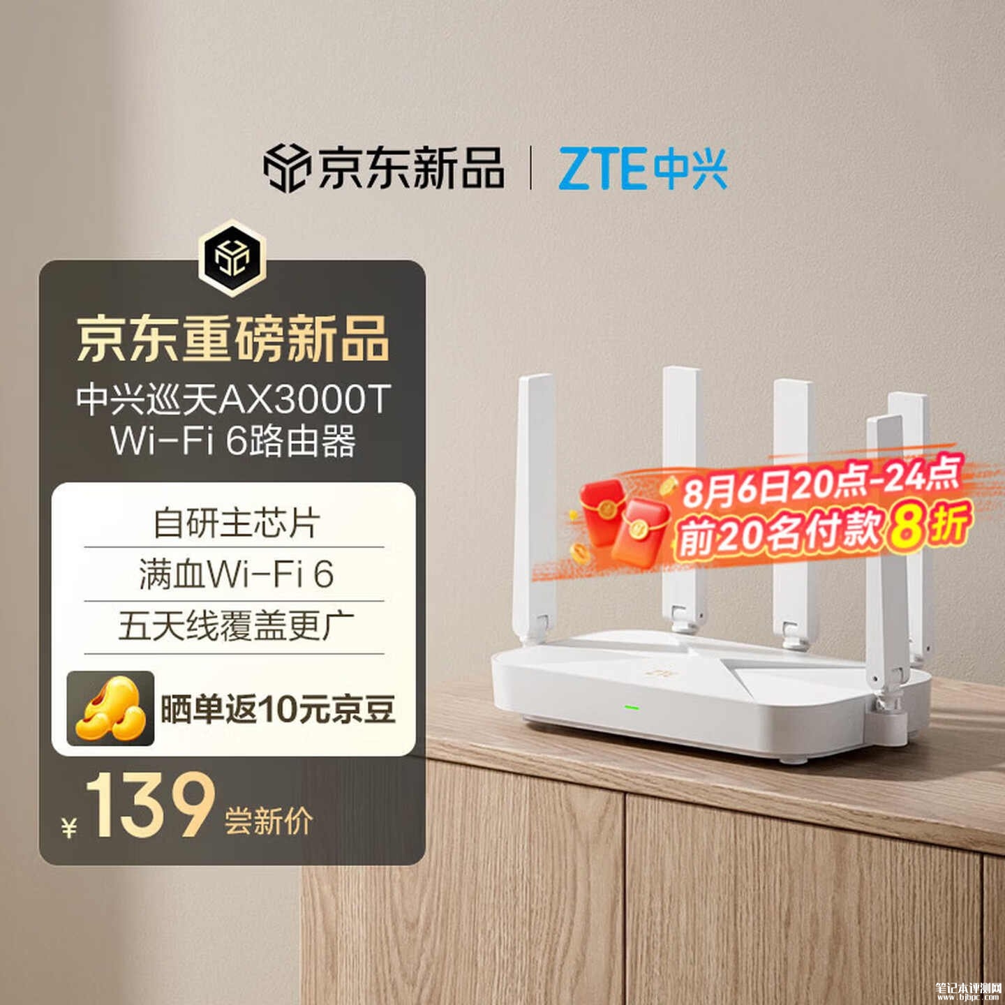 中兴巡天AX3000T路由器上架销售:120平方米覆盖+4个千兆网口价格139元,笔记本评测网(bjbpc.com)