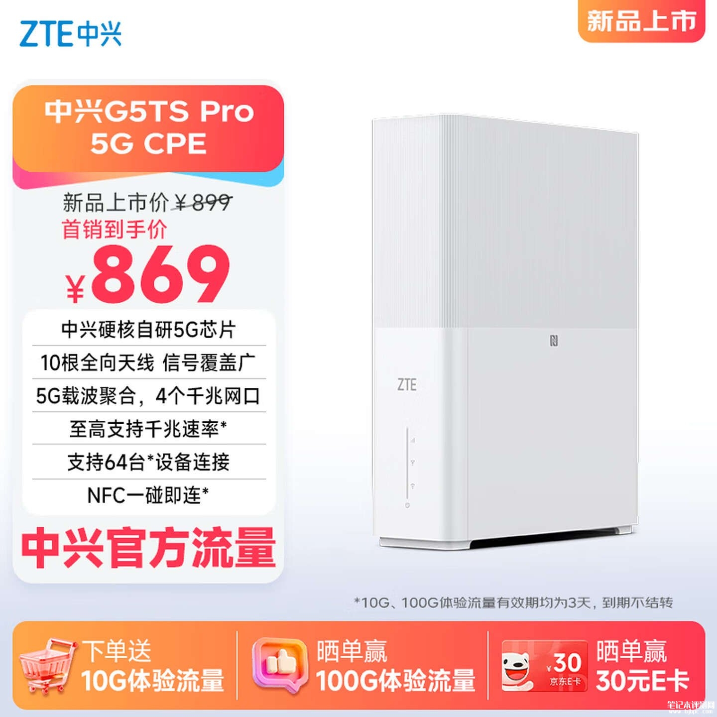 中兴G5TS Pro 5G CPE上架销售:支持千兆网口价格899元,笔记本评测网(bjbpc.com)