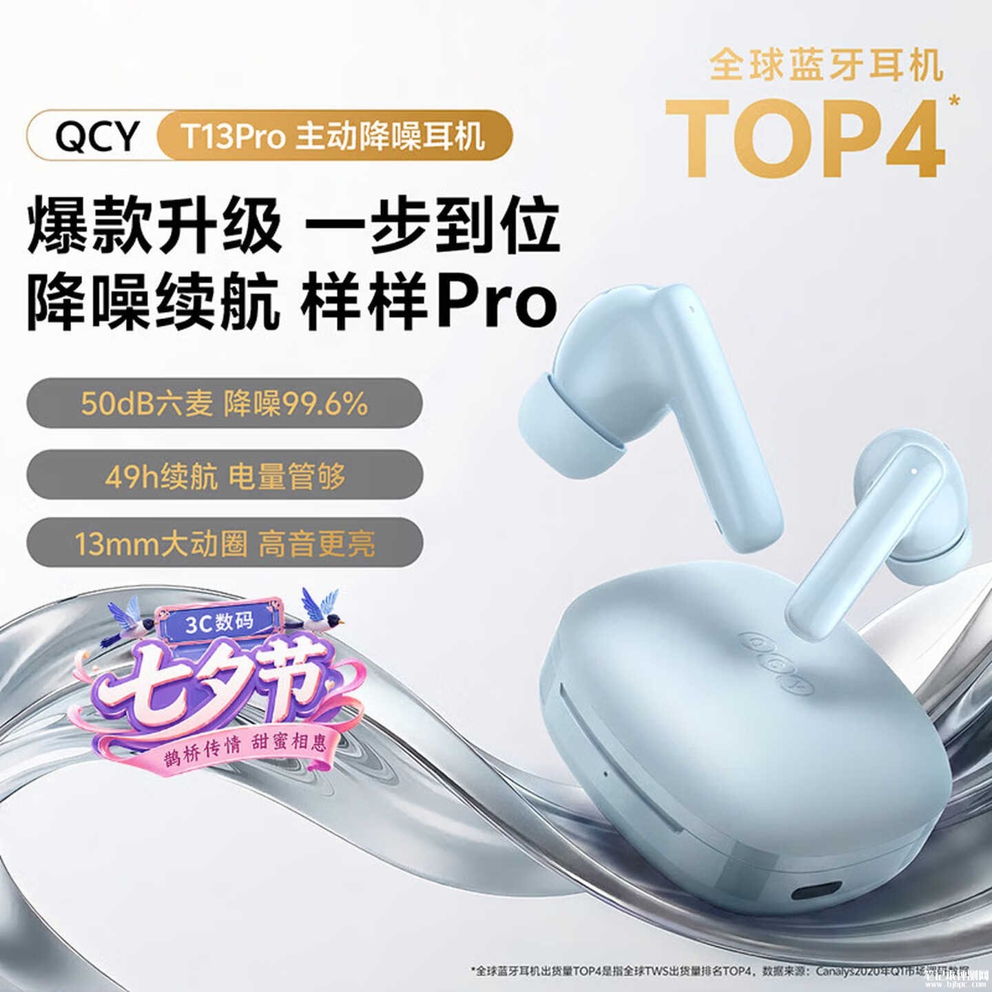 QCY T13 Pro耳机上架销售:50dB降噪+49小时长续航价格99元,笔记本评测网(bjbpc.com)