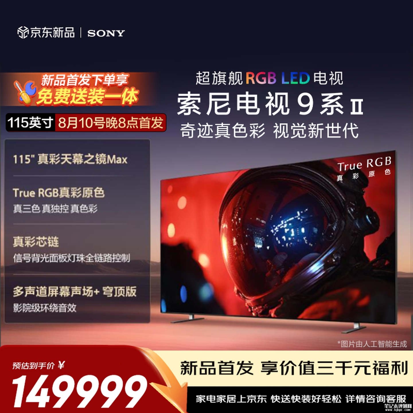 索尼115英寸XR90M2电视上架销售：搭载True RGB真彩技术价格149999元，笔记本评测网（bjbpc.com）