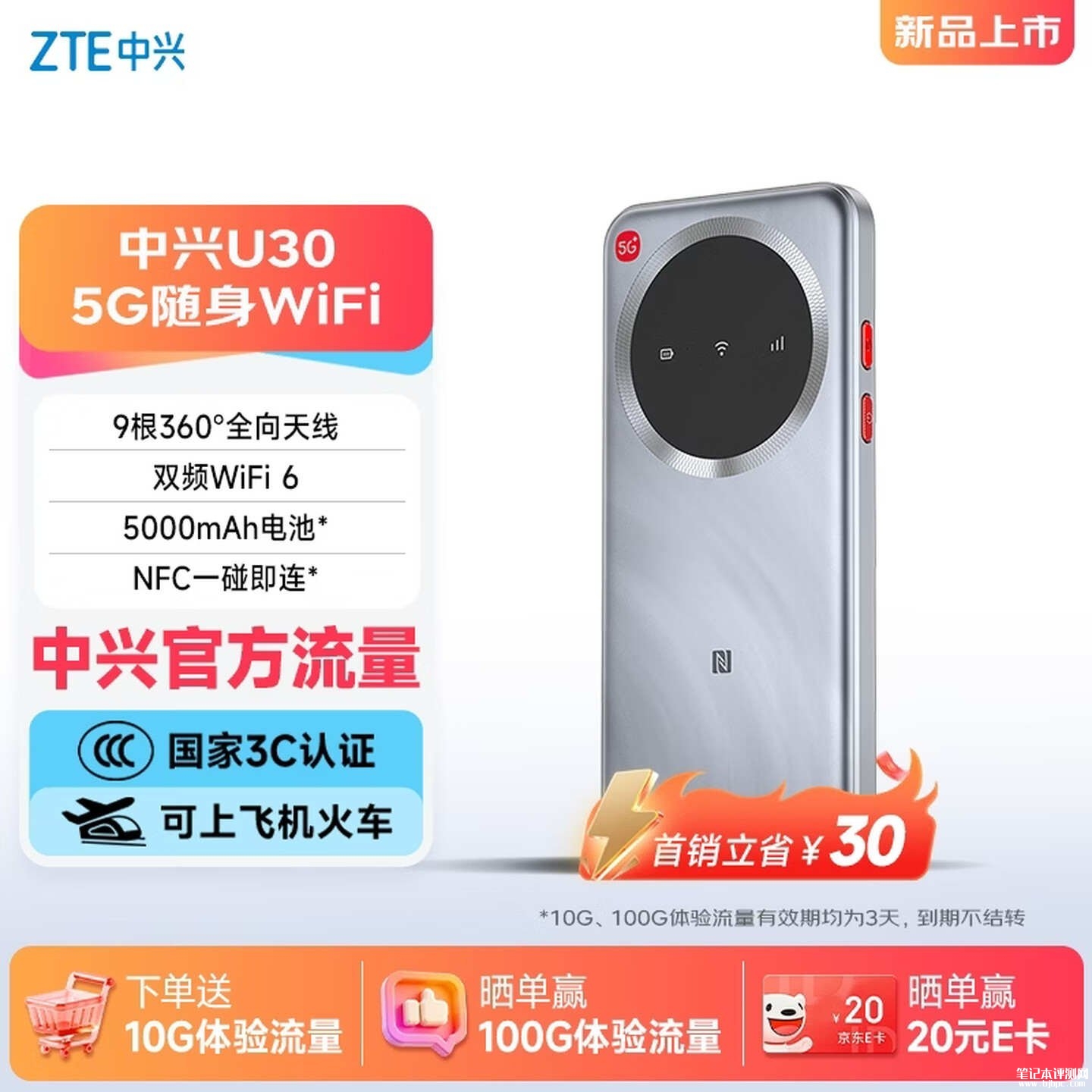 中兴U30标准版随身Wi-Fi上架销售:9根全向天线机型首发价格489元,笔记本评测网(bjbpc.com)
