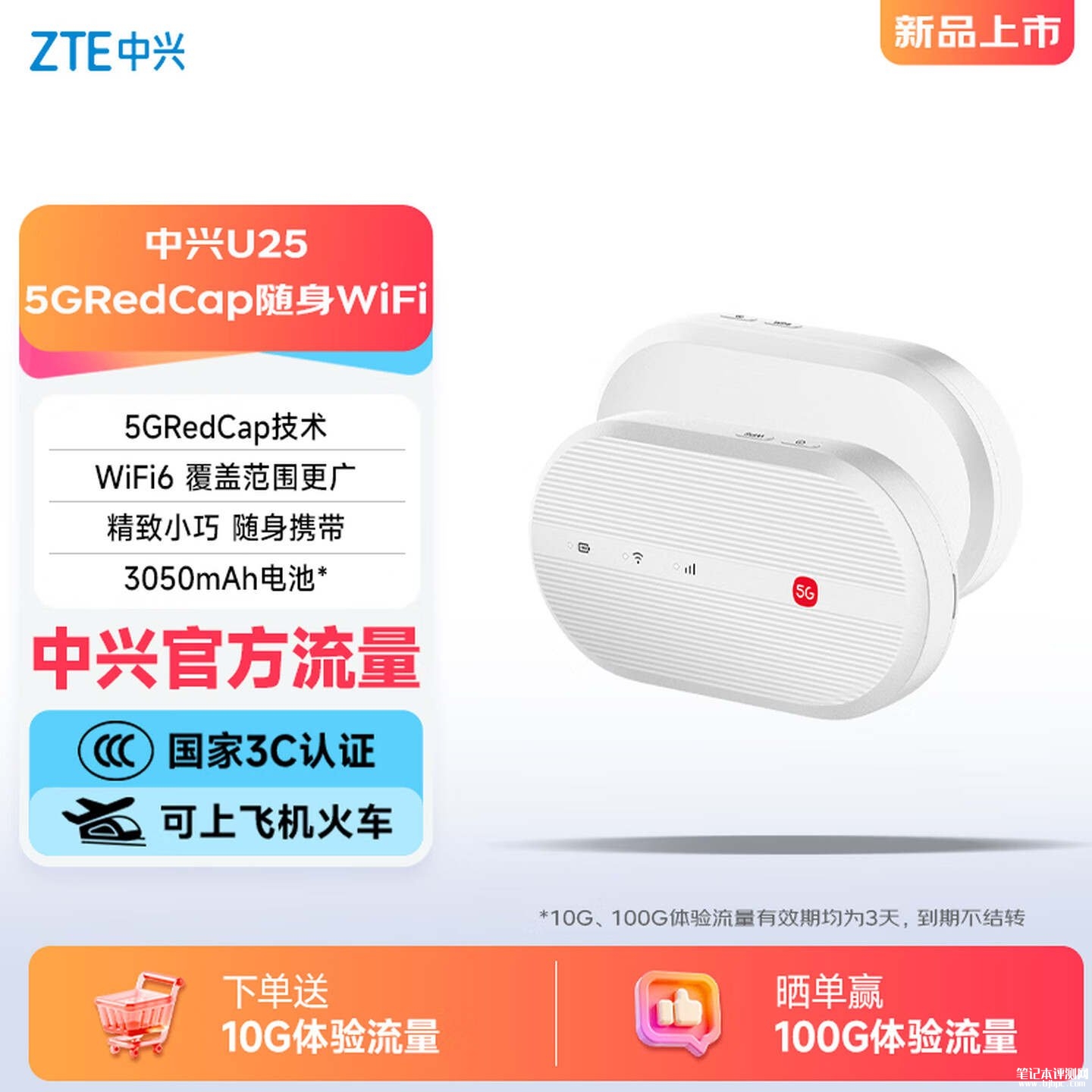 中兴U25 5G RedCap随身WiFi上架销售:支持5G RedCap价格179元,笔记本评测网(bjbpc.com)