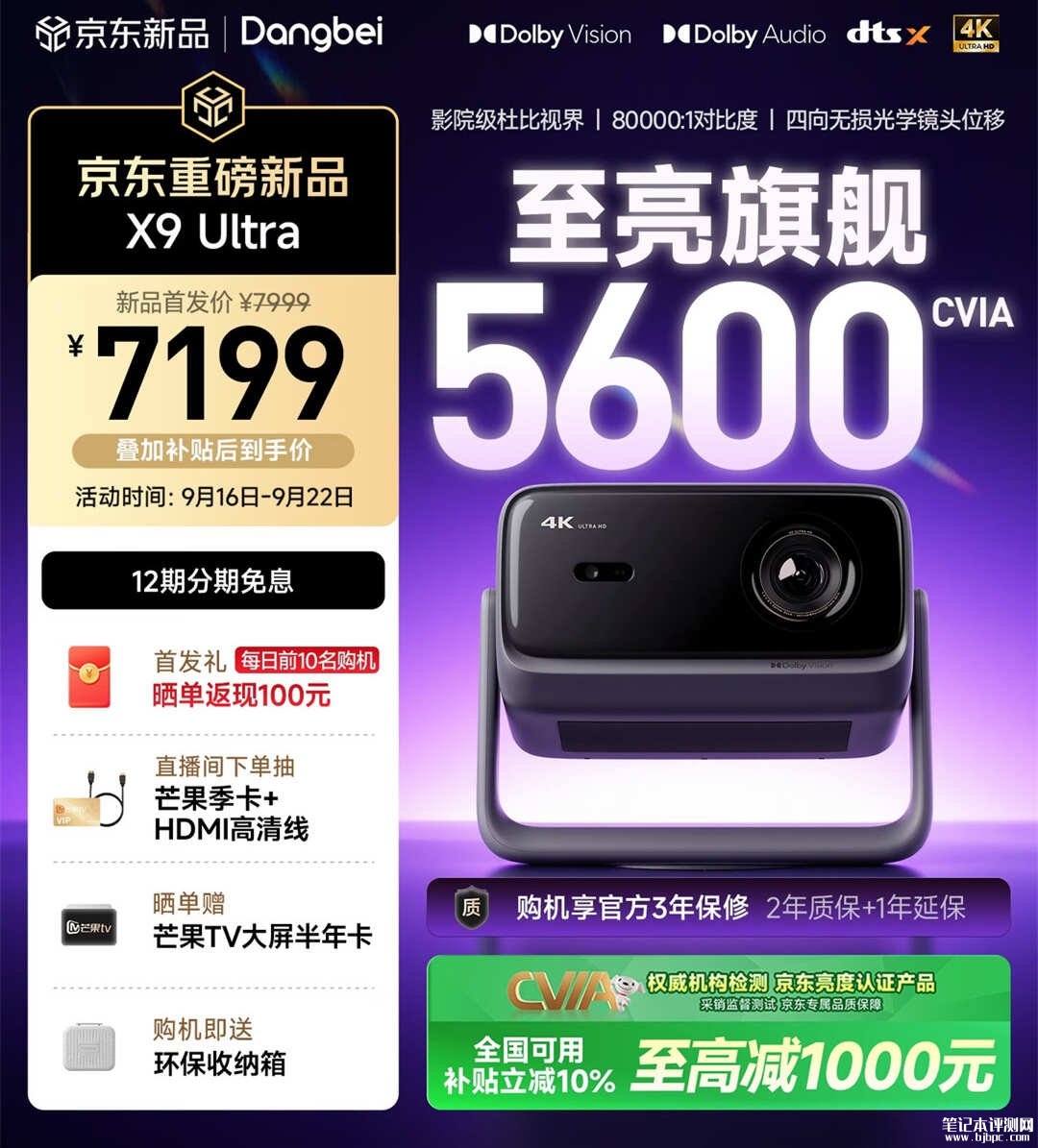 当贝X9 Ultra投影仪上架销售:5600CVIA亮度色准ΔE≈0.7价格7999元,笔记本评测网(bjbpc.com)