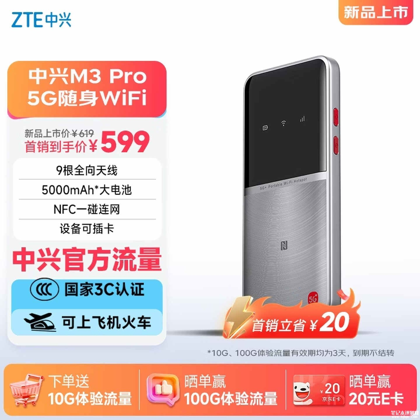 中兴M3 Pro 5G可插卡移动随身WIFI上市：支持4x4 MIMO全频段覆盖，笔记本评测网（bjbpc.com）