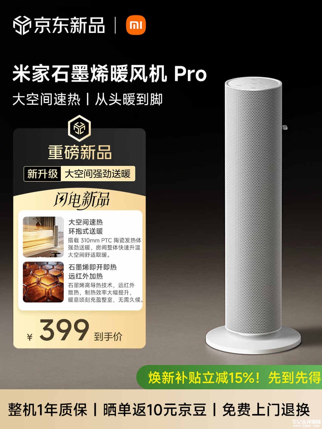 小米米家石墨烯暖风机Pro上市：310mm PTC发热体10分钟升温7℃补贴价格359.1元，笔记本评测网（bjbpc.com）